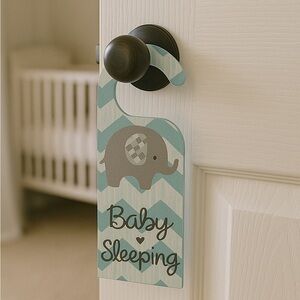 🍼 Baby Awake Baby Sleeping Door Elephant    Hanger Teal White Newborn Baby Sign